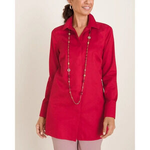 Chico's Women's Button-Up Tunic Top Size L Red 100% Cotton Long Sleeves Collared